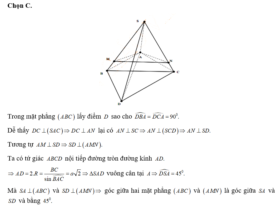 Cho tam giác ABC có BC=a, góc BAC= 135 độ.  Trên đường thẳng vuông góc với (ABC) (ảnh 1)