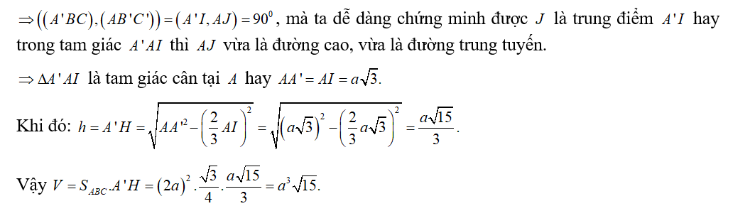 Cho lăng trụ tam giác ABC. A'B'C' có đáy là tam giác đều cạnh 2a. Biết A' cách đều ba (ảnh 2)