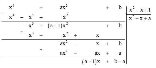 Xác định các hằng số a và b sao cho đa thức x^4 + ax^2 + b chia hết cho đa thức x^2 - x + 1 (ảnh 1)