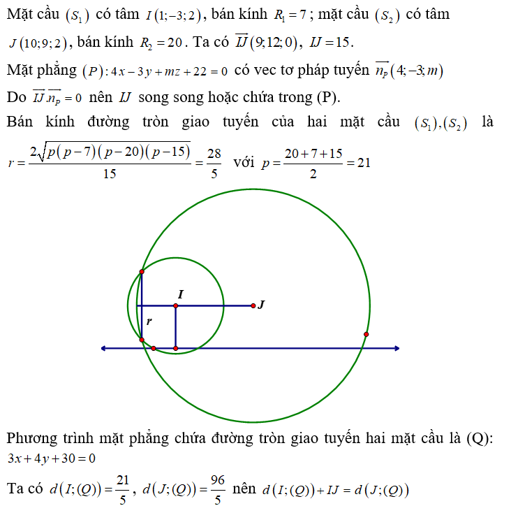 Trong hệ trục Oxyz, cho hai mặt cầu (S1): (x -1)^2 + (y + 3)^ 2 + ( z - 2)^2 = 49 (ảnh 1)