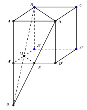 Cho khối lập phương ABCD.A'B'C'D' cạnh a. Gọi S là điểm thuộc đường thẳng AA' sao (ảnh 1)