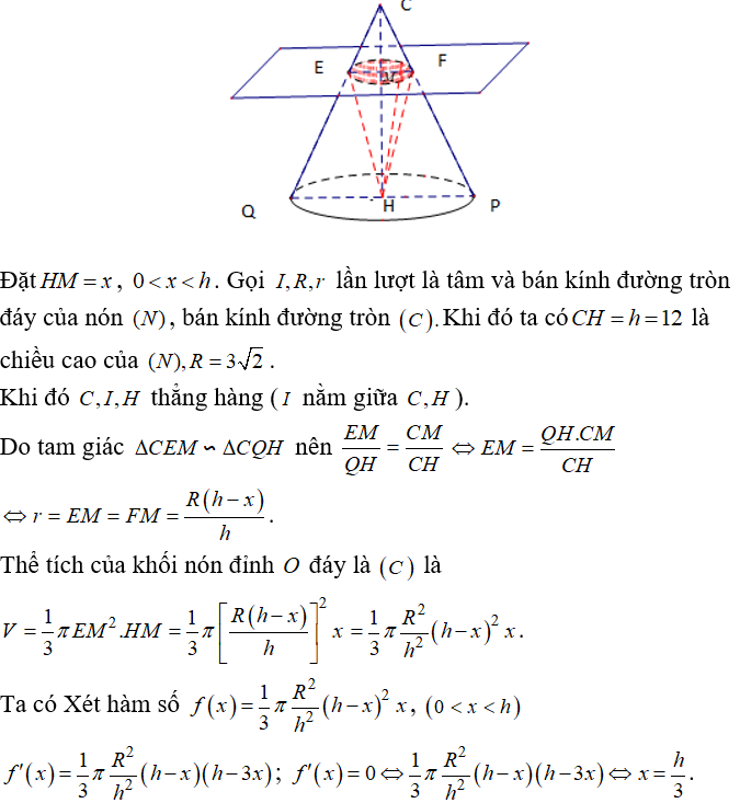 Trong không gian Oxyz , cho hai điểm C( -1;2;11), H( -1;2;-1) , hình nón có đường cao CH= 1 (ảnh 1)