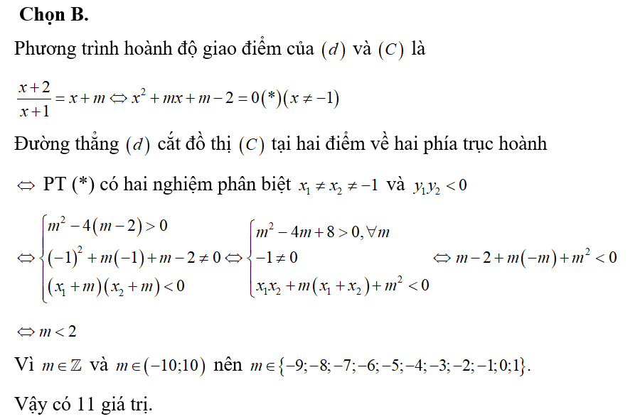 Cho hàm số y= x+2/x+1(C) và đường thẳng (d):y=x+m. Có bao nhiêu giá trị nguyên m thuộc (ảnh 1)