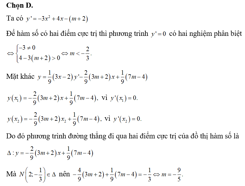 Tìm tất cả các giá trị của tham số để đồ thị hàm số y= -x^3+2x^2-(m+2)x+m có 2 điểm cực trị (ảnh 1)