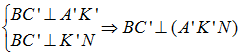 Cho hình lăng trụ đứng ABC.A'B'C' có đáy ABC là tam giác vuông tại A, với AB = c, AC = b, cạnh bên AA' = h. Mặt phẳng (P) đi qua A' và vuông góc với B'C. (ảnh 2)