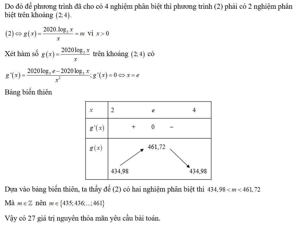 Cho phương trình (log 5 x^2020-mx) căn bậc hai 2log2x-x=0. Số giá trị nguyên của m để phương trình (ảnh 2)