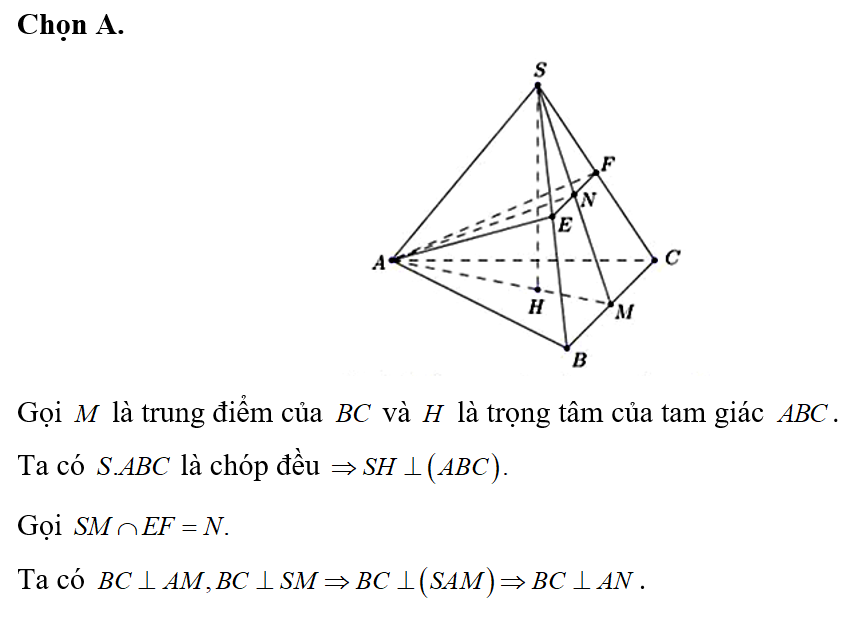 Cho hình chóp đều S.ABCD có đáy là tam giác đều cạnh a Gọi E,F lần lượt là trung điểm (ảnh 1)