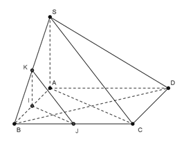 Cho hình chóp S.ABCD có đáy ABCD là hình vuông và SA vuông mp (ABCD). Gọi I, J, K lần lượt là trung điểm của AB, BC và SB.  (ảnh 1)