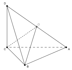 Cho hình tứ diện ABCD có AB, BC, CD đôi một vuông góc nhau. Hãy chỉ ra điểm O cách đều bốn điểm A, B, C, D. (ảnh 1)
