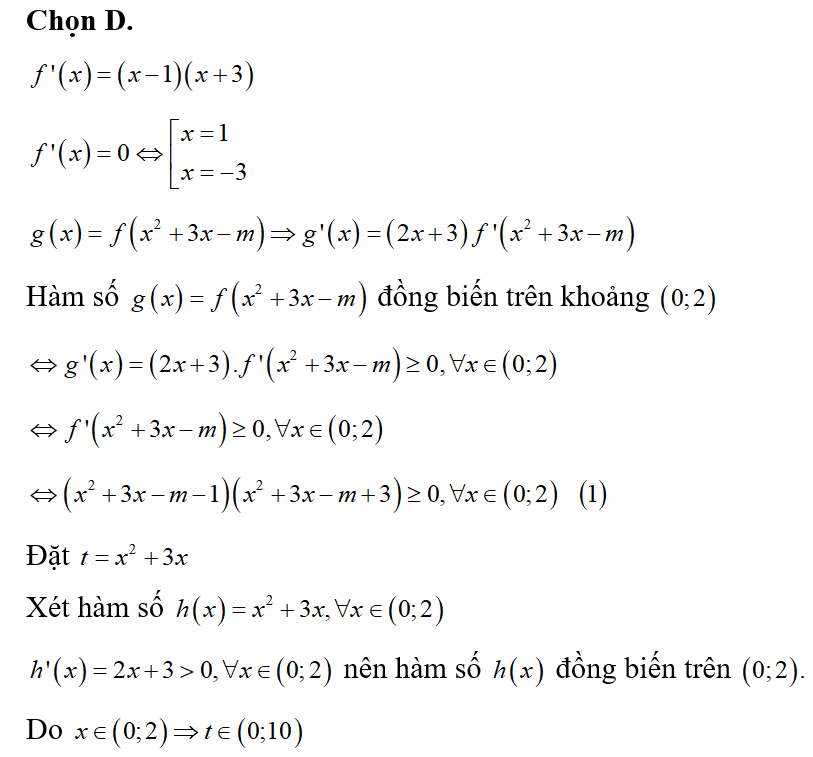 Cho hàm số f(x) có đạo hàm trên R và f'(x)= (x-1)(x+3). Có bao nhiêu giá trị nguyên của (ảnh 1)