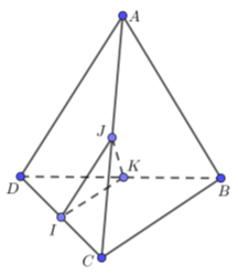 Cho tứ diện ABCD có CD = 4/3AB. Gọi I, J, K lần lượt là trung điểm của BC, AC, DB. Biết IK =5/6AB.Tính góc giữa hai đường thẳng CD  và IJ (ảnh 1)