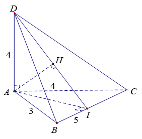 Cho tứ diện ABCD có DA vuông góc mp ABC, AC = AD = 4, AB = 3, CD = 5. Tính khoảng cách từ A đến mặt phẳng (BCD) (ảnh 1)