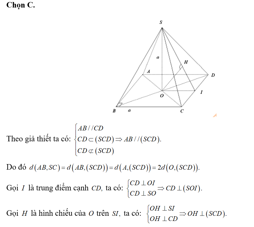 Cho hình chóp S.ABCD có đáy ABCD là hình vuông tâm O, cạnh a ,SO vuông góc với mặt phẳng (ảnh 1)