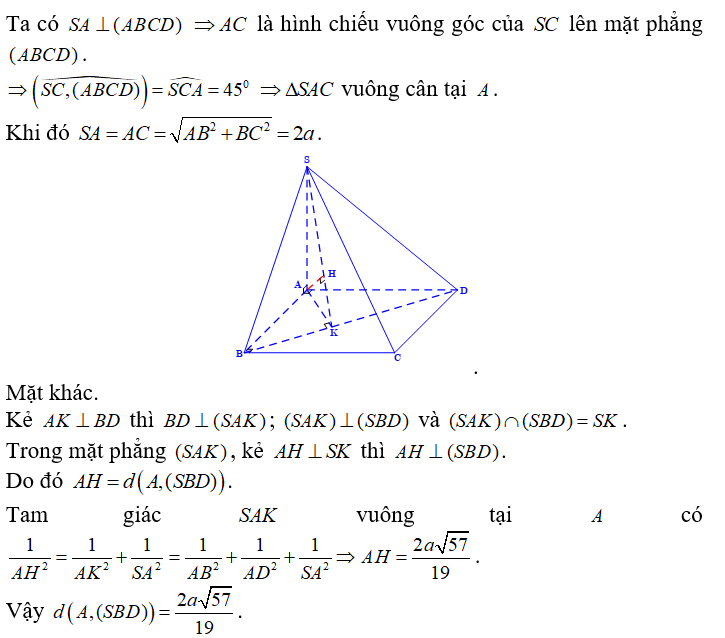 Cho hình chóp SABCD  có đáy là hình chữ nhật cạnh AB = a ,  BC = a căn 3 và SA vuông góc với đáy (ảnh 1)