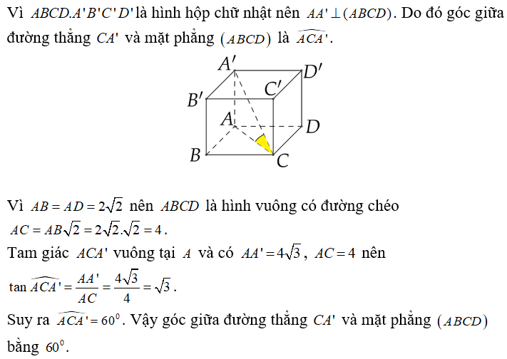 Cho hình hộp chữ nhật ABCD. A'B'C'D'  có AB = AD = 2 căn 2 và AA' = 4 căn 3 (tham khảo hình bên) (ảnh 1)