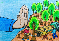 Em hãy quan sát và đặt tên cho mỗi bức tranh: a) Chung tay bảo vệ môi trường  b) Cấm chặt phá rừng  c) Trồng cây gây rừng (ảnh 2)