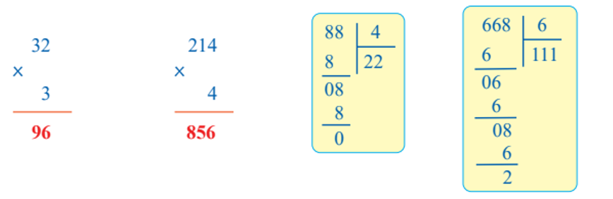 Đặt tính rồi tính:  32 × 3  212 × 4  88 : 4  668 : 6 (ảnh 1)