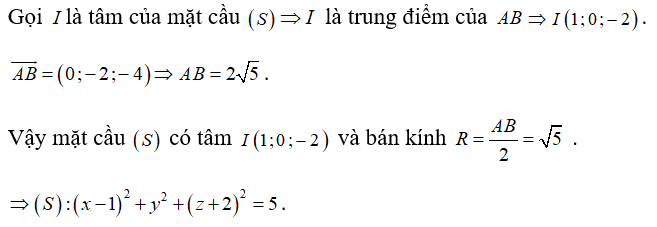 Trong không gian với hệ tọa độ Oxyz , cho hai điểm A( 1;1;0)  và B( 1;-1;-4)  . Viết phương trình mặt cầu (S)  nhận AB  làm đường kính .   (ảnh 1)