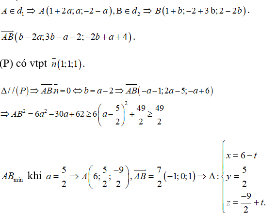 Trong không gian với hệ tọa độ Oxyz, cho hai đường thẳng d1: x - 1/ 2 = y/1 = z + 2/ -1  và d2: x - 1/ 1 = y + 2/3 = z - 2/ -2 (ảnh 7)