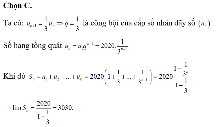 Cho dãy số (un) thỏa mãn điều kiện u1=2020 và un+1=1/3un, với mọi n thuộc N (ảnh 1)