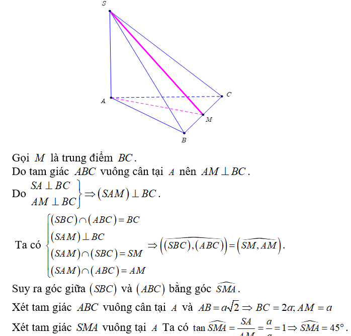 Cho  hình chóp SABC  có đáy ABC  là tam giác vuông cân tại A  và AB = a căn 2 (ảnh 1)