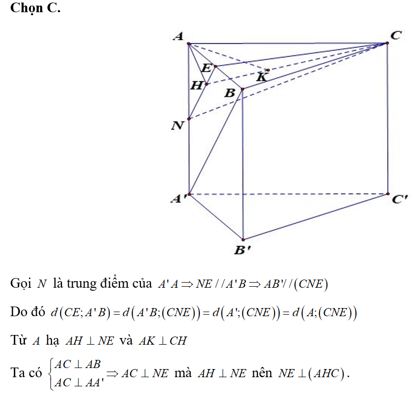 Cho hình lăng trụ đứng ABC. A'B'C' có đáy ABC là tam giác vuông tại A. Gọi E là trung điểm AB. (ảnh 1)