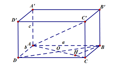 Cho hình hộp chữ nhật ABCD.A'B'C'D' có AB = a, AD = b, AA' = c. Khoảng cách giữa hai đường thẳng BB' và AC' là: (ảnh 1)