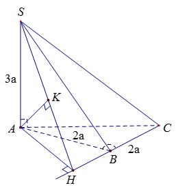 Cho hình chóp S.ABC có sa vuông góc mp abc, SA = 3a, AB = BC = 2a, góc ABC = 120 độ. Tính khoảng cách từ A đến (SBC) (ảnh 1)