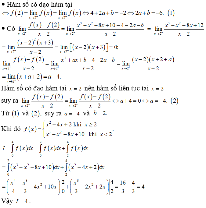 Cho hàm f(x) = x^2 + ax + b khi x lớn hơn hoặc bằng 2; x^3 - x^2 - 8x + 10 khi x nhỏ hơn 2. (ảnh 1)