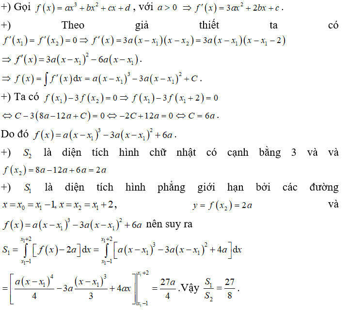 Cho hàm số bậc ba y = f(x)  có đồ thị là đường cong ở hình bên dưới. Gọi x1,x2  lần lượt là hai điểm cực trị thỏa mãn (ảnh 1)