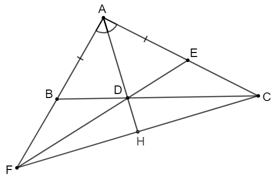 Cho ∆ABC có AB < AC. Kẻ tia phân giác AD của góc BAC Chứng minh ba điểm F, D, E thẳng hàng (ảnh 1)