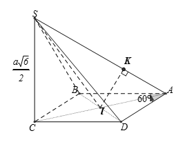 Cho hình chóp tứ giác S.ABCD, có đáy ABCD là hình thoi tâm I cạnh bằng a  và góc A = 60 độ, cạnh SC = a căn bậc hai 6/2 (ảnh 1)