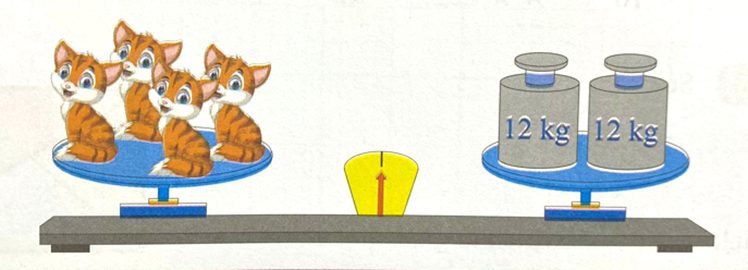 Các con mèo có cân nặng bằng nhau (như bức tranh). Vậy mỗi con mèo cân nặng là (ảnh 1)
