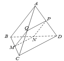Cho tứ diện ABCD  có AB  vuông góc với CD . Mặt phẳng (P)  song song với AB  và CD  lần lượt cắt BC, DB, AD, AC tại M, N, P, Q. Tứ giác MNPQ  là hình gì? (ảnh 1)
