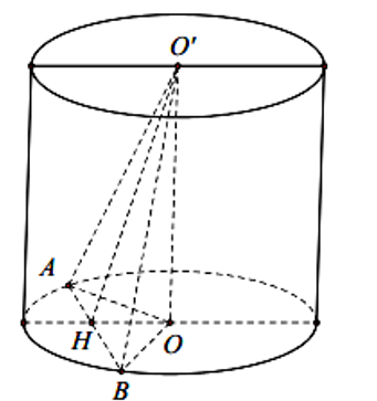 Cho hình trụ có hai đáy là hai hình tròn (O) và (O') bán kính đáy r=3 Biết AB là một dây (ảnh 1)