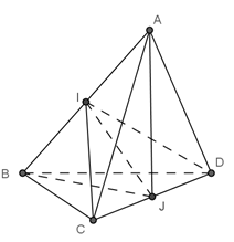 Cho hai tam giác ACD và BCD  nằm trên hai mặt phẳng vuông góc với nhau và AC = AD = BC = BD = a, CD = 2x. Gọi I, J  lần lượt là trung điểm của AB  và CD  (ảnh 1)