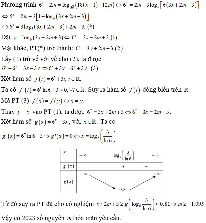 Có bao nhiêu m nguyên m thuộc -2021; 2021  để phương trình 6^x - 2m = log căn 3 của 6 18( x + 1) + 12m  có nghiệm? (ảnh 1)