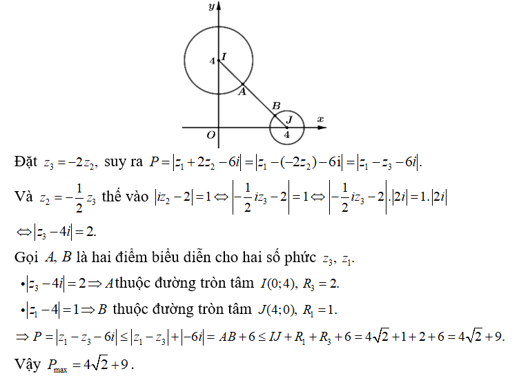 Xét các số phức z1 ,z2   thỏa mãn môdun z1 - 4 = 1 và môdun iz2 - 2 = 1 . Giá trị lớn nhất của (ảnh 1)