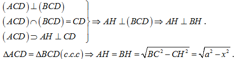 Cho hai tam giác ACD và BCD nằm trên hai mặt phẳng vuông góc với nhau và AC = AD = BC = BD = a, CD = 2x. Tính AB theo a và x? (ảnh 3)