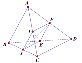 Cho tứ diện ABCD có AB = CD. Gọi I, J, E, F lần lượt là trung điểm của AC, BC, BD, DA. Góc giữa IE và JF là: (ảnh 1)