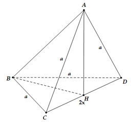 Cho hai tam giác ACD và BCD nằm trên hai mặt phẳng vuông góc với nhau và AC = AD = BC = BD = a, CD = 2x. Tính AB theo a và x? (ảnh 1)