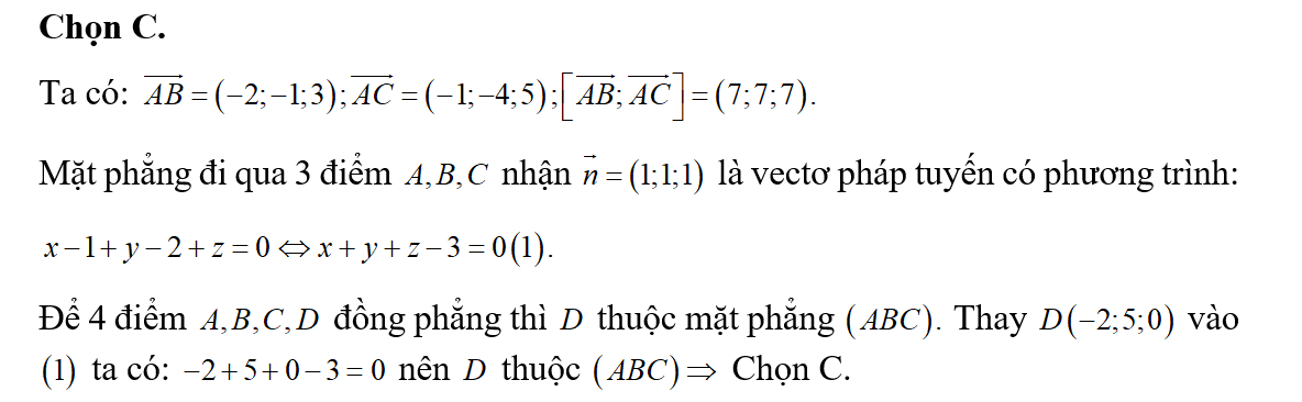 Trong không gian Oxyz cho ba điểm  A(1;2;0), B(-1;1;3),C(0;-2;5) (ảnh 1)