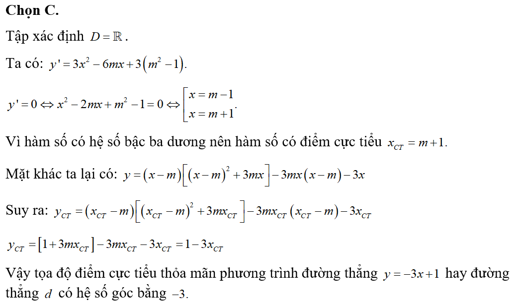 Cho hàm số y= x^3-3mx^2+3(m^2-1)x-m^3 với m là tham số. Gọi (C) là đồ thị của hàm số đã cho (ảnh 1)