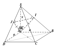 Cho hình chóp S.ABCD có đáy ABCD là hình vuông cạnh a. , SA = x . Xác định x để hai mặt phẳng (SBC) và (SCD) tạo với nhau góc 60 độ (ảnh 1)