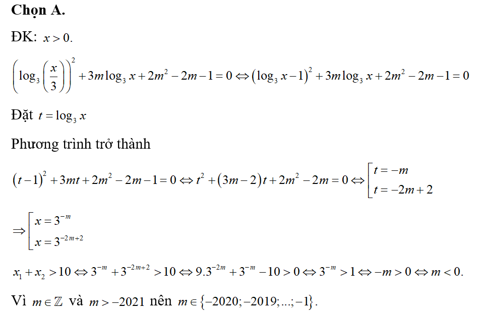 Cho phương trình (log3(x/3))^2+3mlog 3+x+2m^2-2m-1=0.Có bao nhiêu giá trị nguyên (ảnh 1)