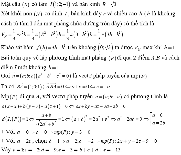 Trong không gian Oxyz  cho hai điểm A( 2;3;-1),B ( 1; 3; -2)  và mặt cầu (S): x^2 + y^2 + z^2 - 2x - 4y + 2z + 3 = 0 (ảnh 1)