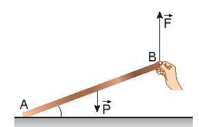 Một người dùng tay tác dụng lực F nâng vật là một thanh rắn đồng chất dài 1 m như hình dưới đây.  (ảnh 1)
