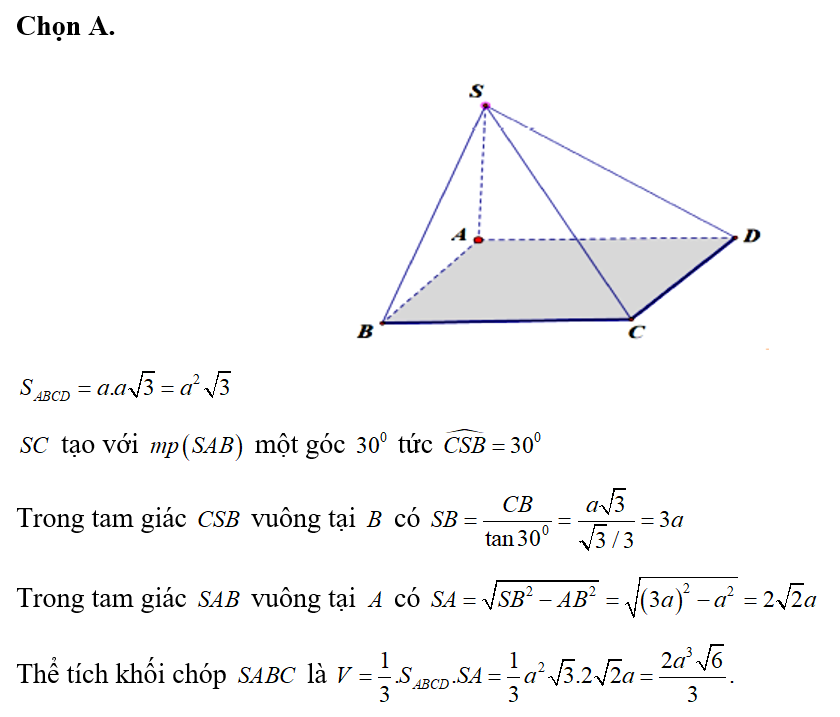 Cho hình chóp S.ABCD có đáy là hình chữ nhật AB=a , AD= a căn bậc hai 3. SA vuông góc (ảnh 1)