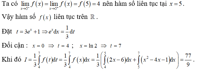 Cho hàm số f(x) = x^4 - 4x - 1 , x lớn hơn hoặc bằng 5; 2x - 6, x nhỏ hơn 5 . Tích phân (ảnh 1)