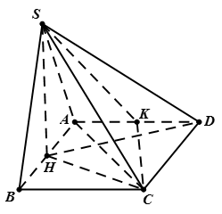 Cho hình chóp S.ABCD có đáy ABCD là hình vuông cạnh a, mặt bên SAB là tam giác đều và a căn bậc hai 2. Gọi H, K lần lượt là trung điểm của các cạnh AB và AD (ảnh 1)